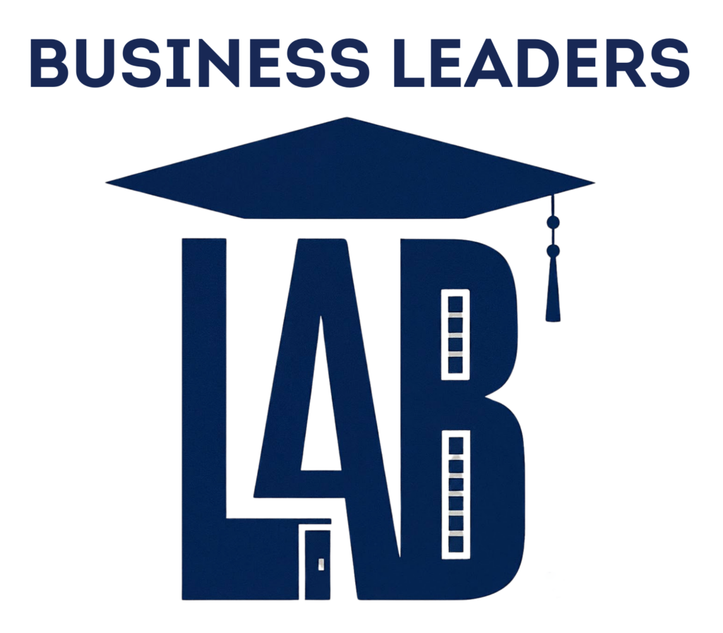 The logo for "Business Leaders Lab" features the phrase "BUSINESS LEADERS" in bold uppercase navy-blue text above a large, stylized "LAB" also in navy blue. The "LAB" design incorporates a graduation cap on top of the letter "A," with a tassel hanging on the right side.