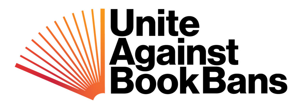 A logo for the "Unite Against Book Bans" campaign featuring bold black text reading "Unite Against Book Bans" with a stylized graphic of an open book in gradient shades of red, orange, and yellow, resembling rising rays of light or a sunrise.