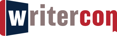 Logo for WriterCon, featuring bold, lowercase text with "writer" in gray and "con" in red. The "W" is placed inside a stylized book icon with a navy blue and red color scheme.